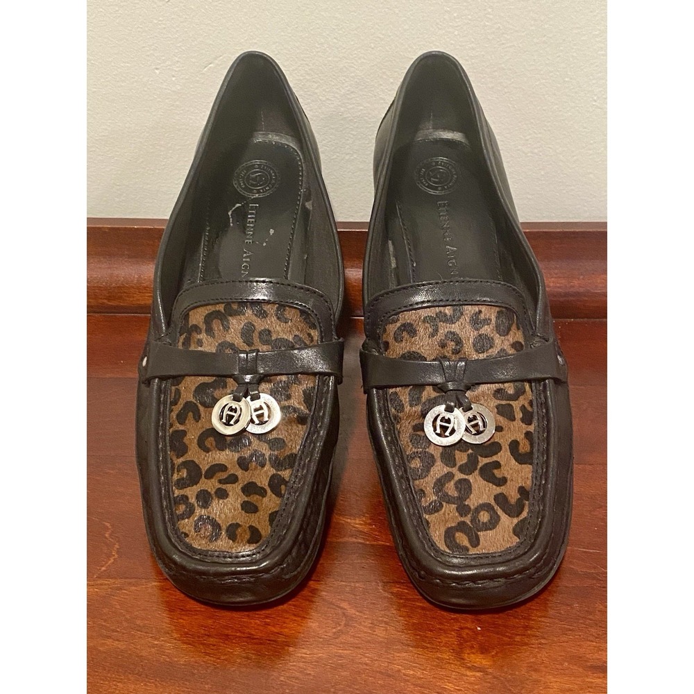 Etienne Aigner Leopard Print Leather Loafers Shoes Size 8.5 Real Fur Flats Charm